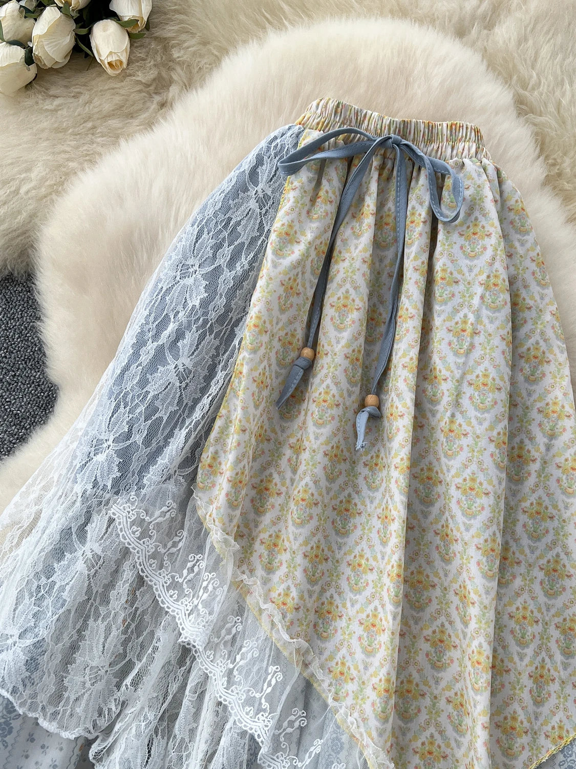 Sweet Forest System High Waist f Skirt Women's Summer New Design Lace Splicing Floral Asymmetrical Fairy Skirt