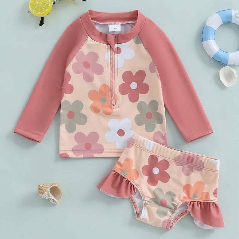 Baby Girls Bathing Suit Set Floral Long Sleeve Back Zip Up Rash Guard Swimsuit + Swim Shorts Infant Toddler Child Beachwear