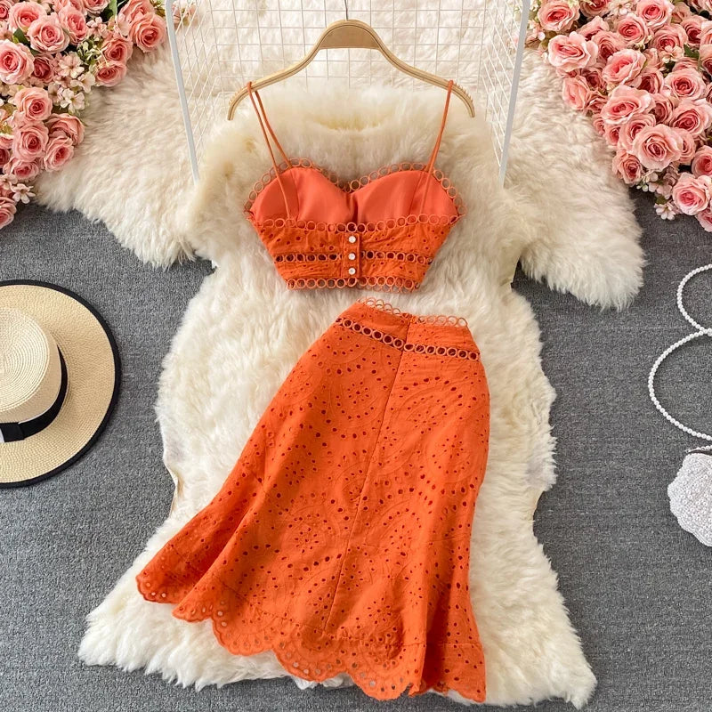 Summer Elegant Casual Fashion Skirts Suit Women Hallow Out Sleeveless Tanks Tops A-Line Two Pieces Set Female Outfits