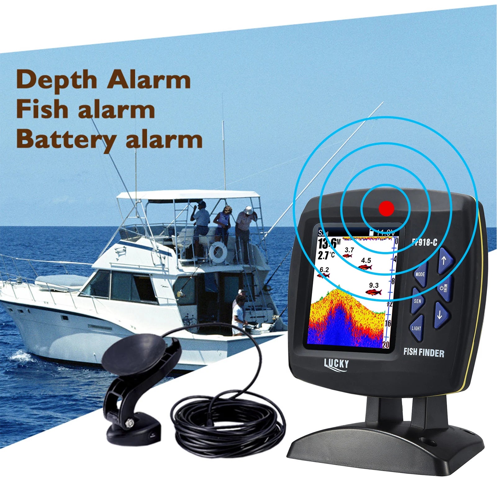 Fish Finder Wired Transducer Sensor Fishfinder 45-Degree Underwater Fishing Camera Waterproof Monitor LCD Fishfind Fish Detector