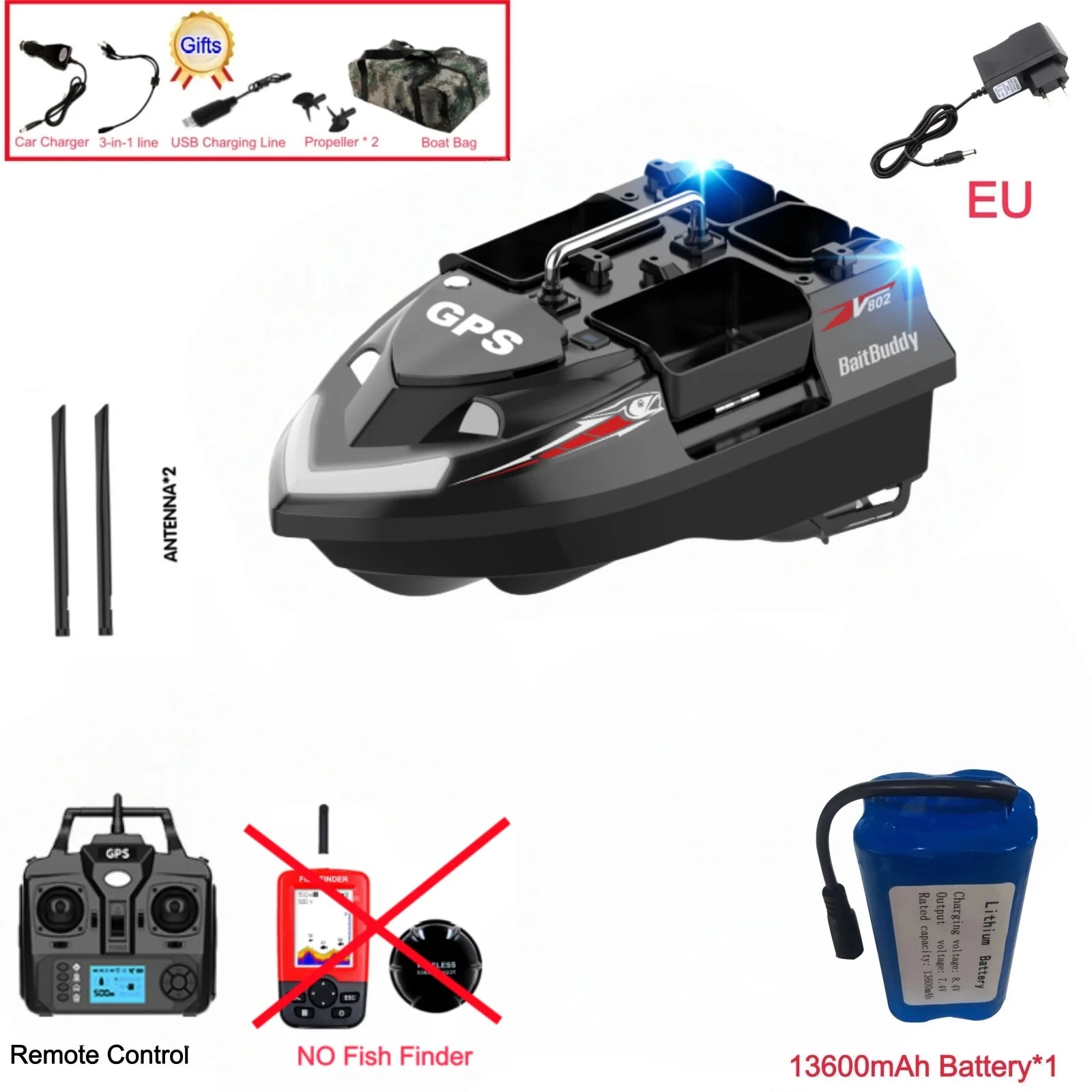 GPS Positioning 160 Positioning Points Fishing Boat Rc Bait Boat 4 Hoppers Waterproof 3KG Load 500M 15KM/H GPS One Click Return