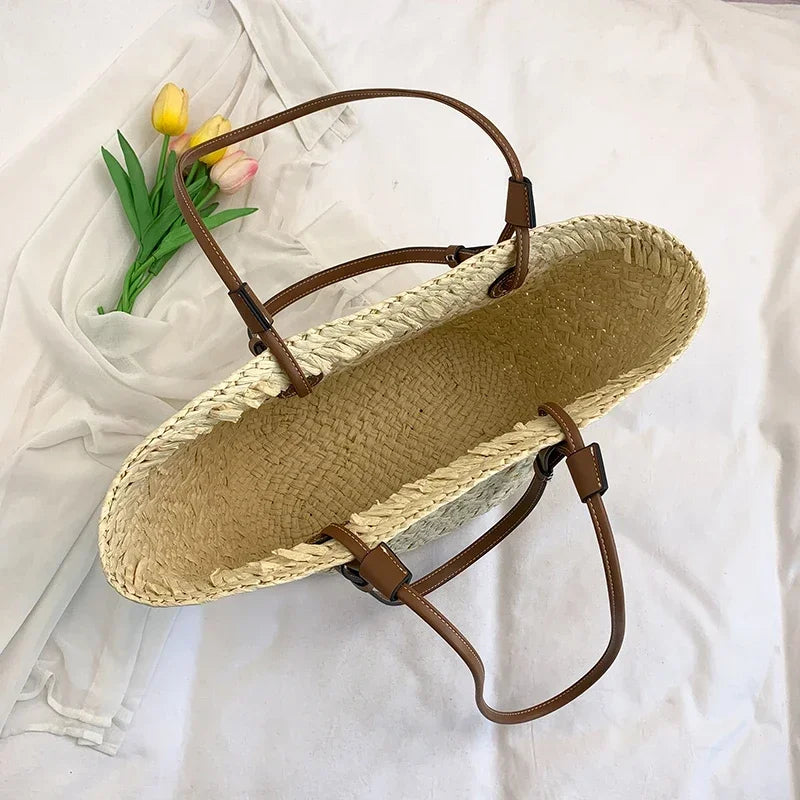 Rattan Large Capacity Casual Tote Bag Designer Wicker Woven Women Handbags Summer Beach Straw Bag Lady Travel Big Basket Purses