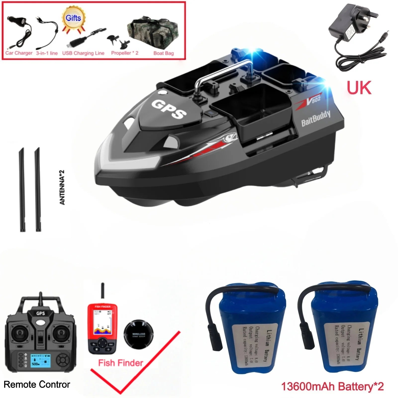 GPS Positioning 160 Positioning Points Fishing Boat Rc Bait Boat 4 Hoppers Waterproof 3KG Load 500M 15KM/H GPS One Click Return