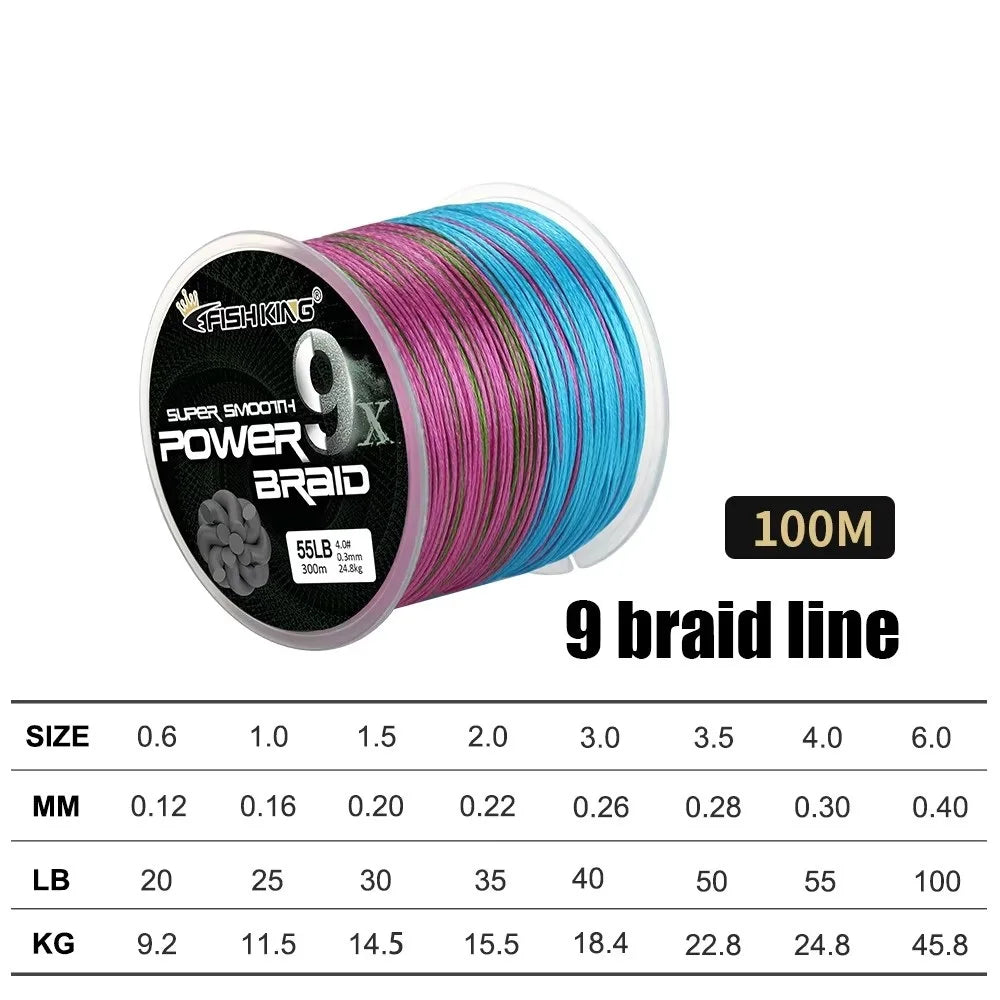 NGB 100M 9 Strands Multifilament Braided Fishing Line 20-100LB Multicolor PE Line Fly Fishing Cord