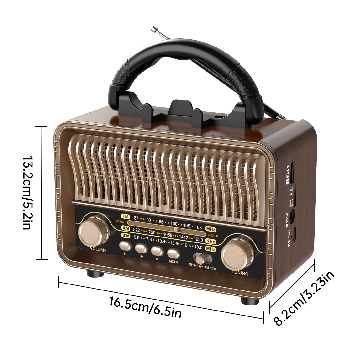 Retro Wireless Radio Portable AM/FM/SW with USB Rechargeable Battery With antenna, AUX and TF card playback, suitable for home