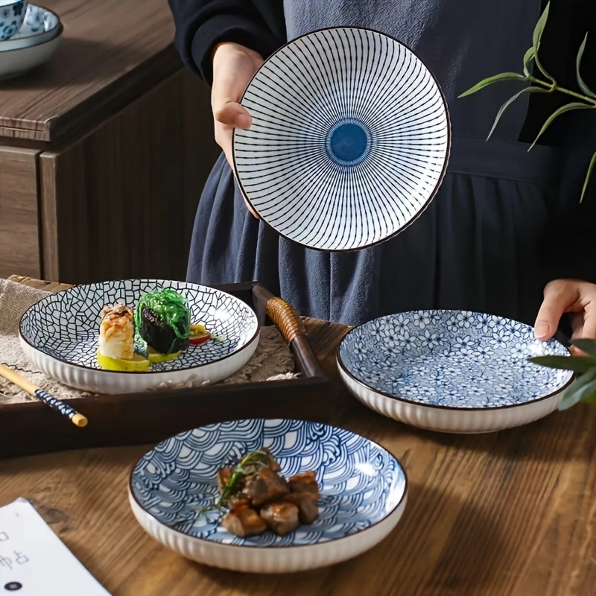 Set of 4 Ceramic Round Plates Bowls, Retro Design Serveware for Salad Dessert, Suitable for Halloween Thanksgiving Holiday Meals