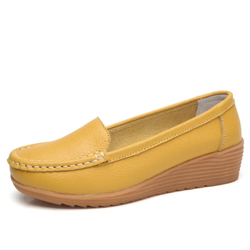 Women Shoes for Work Wedge Low Heels Casual Shoes Woman Slip-on Spring Autumn Genuine Leather Comfortable Female Shoes WSH2693