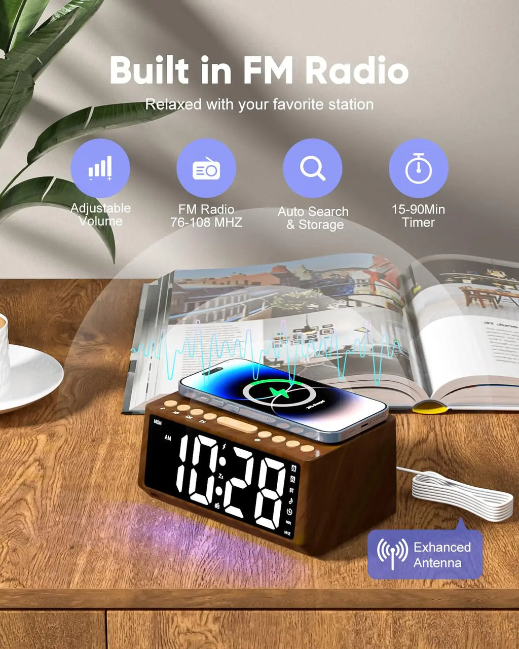 Retro Wooden Digital Alarm Clock Large Display with FM Radio, Bluetooth Speaker, Wireless Charger Station for cell phone