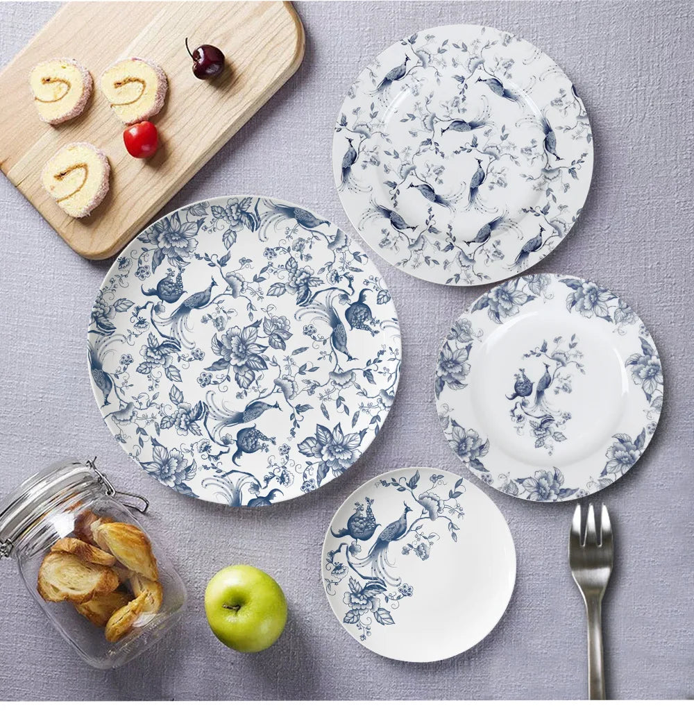 Bone China Dinning Plates Set Chinse style Flower Bird Peacock Porcelain Plate for Dessert Steak Bread Cake Dish Tray Coffee Cup