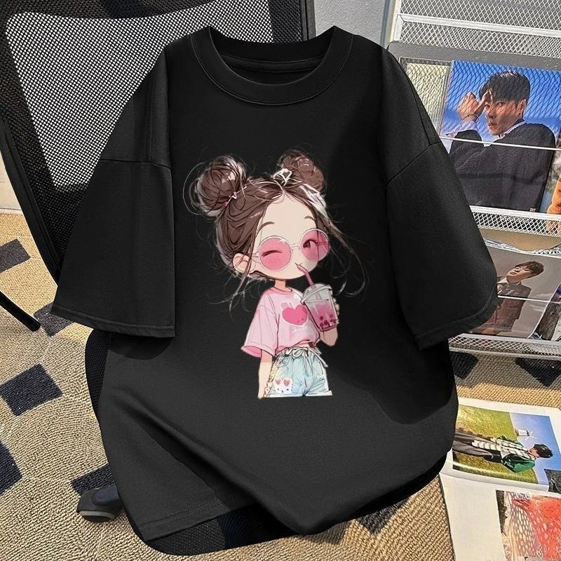 Cute Girls Pure Cotton Printed Short Sleeve T-Shirt Crew Neck Kids Summer Casual Top Big Middle Child Breathable Trendy Tee