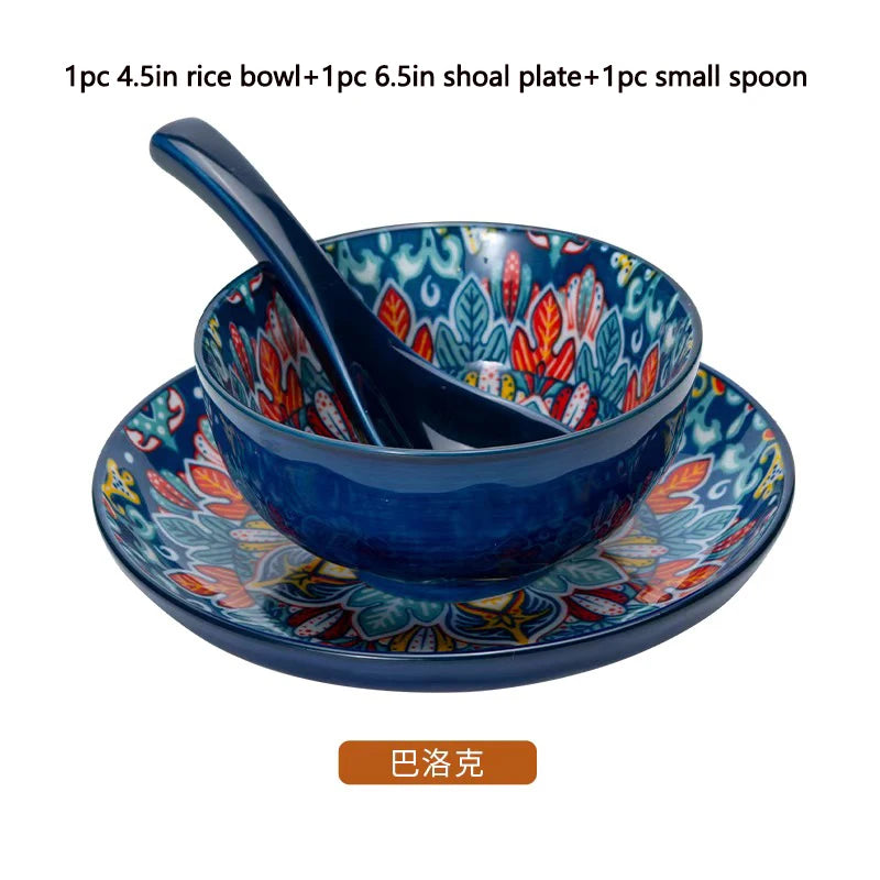 Bohemia Ceramic Rice Bowl Serving Plate Creative Ceramic Cutlery Soup Noodle Bowl Household Handle Bowl Sauce Dish