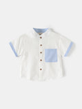2026 Summer 2T-6T Korean Childrens Clothing Blue and White Striped Pattern Shirt for Boys kids Stand Collar Shirt