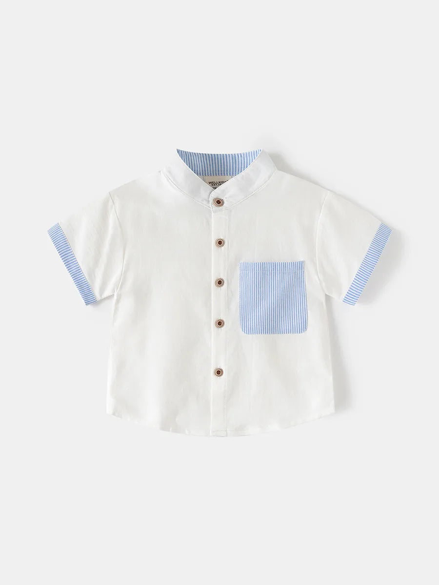 2026 Summer 2T-6T Korean Childrens Clothing Blue and White Striped Pattern Shirt for Boys kids Stand Collar Shirt