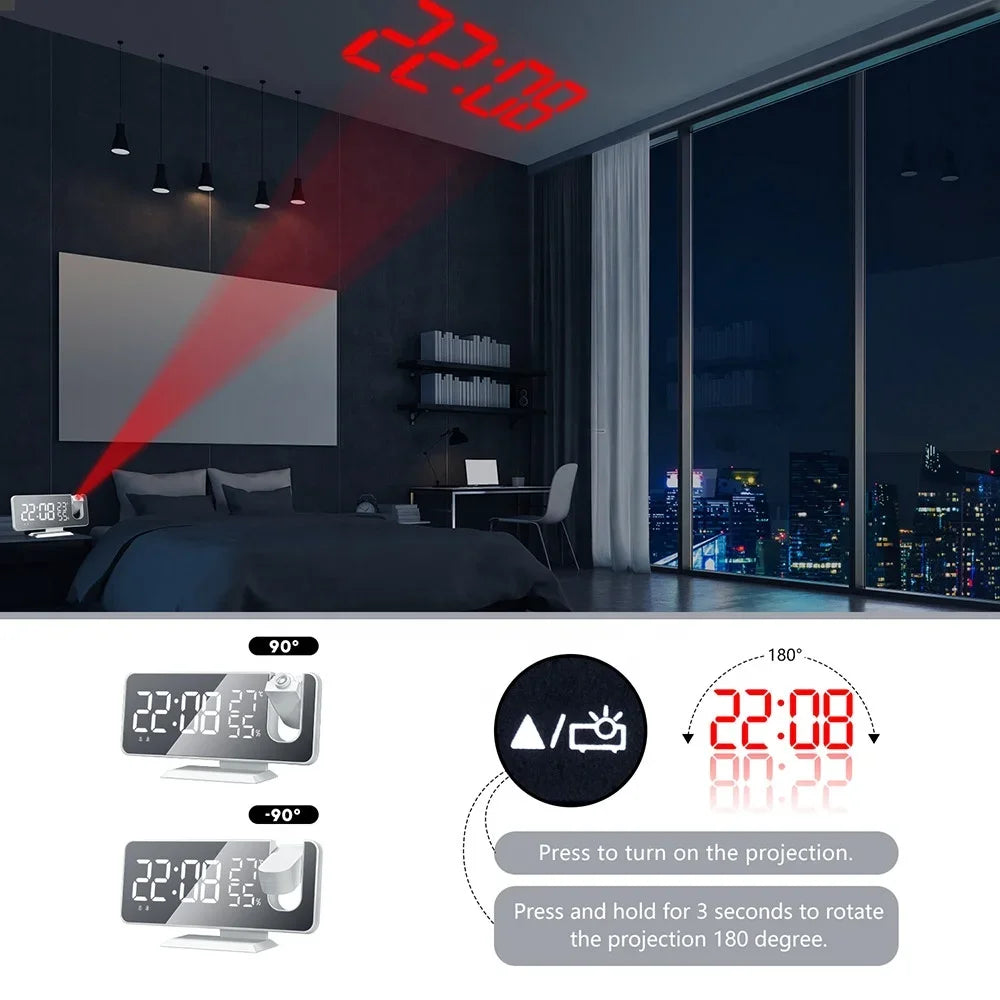 LED Digital Mirror Projection Alarm Clock Home FM Radio Thermometer Hygrometer USB Wake Up Watch 180° Projector Time Snooze Gift