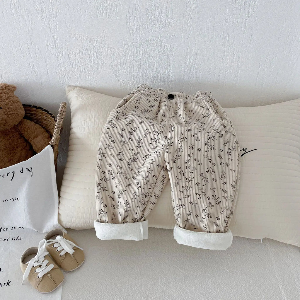 Korean Children's Clothes 2025 Winter Pants Kids Corduroy Floral Print Fleece Lined 0-5Y Baby Boys Girls Warm Winter Trousers