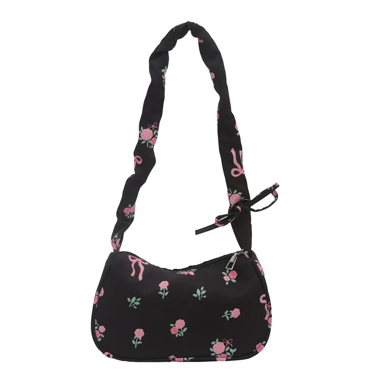 Women's Bags New Sweet Print Canvas Handbags Korean Floral Bow Printed Zipper Tote Bag Female Small Shoulder Bag