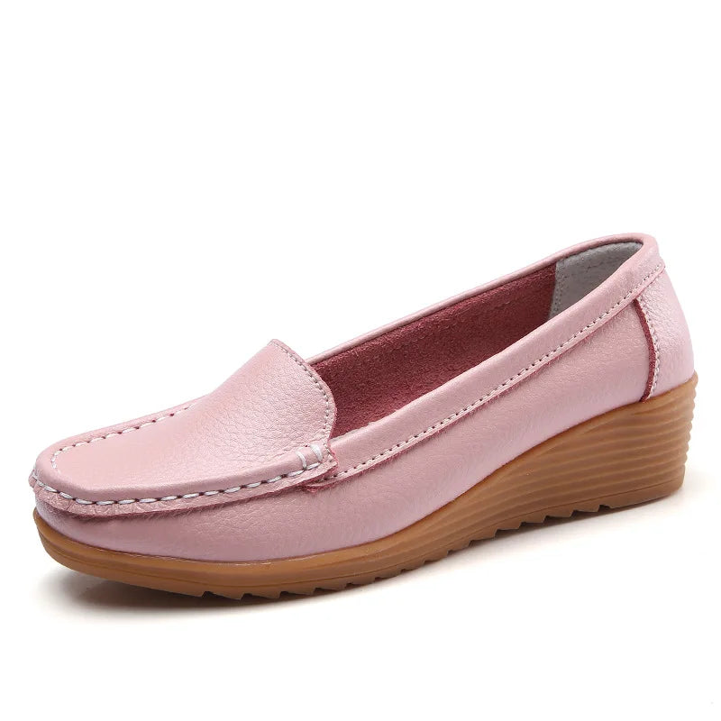 Women Shoes for Work Wedge Low Heels Casual Shoes Woman Slip-on Spring Autumn Genuine Leather Comfortable Female Shoes WSH2693