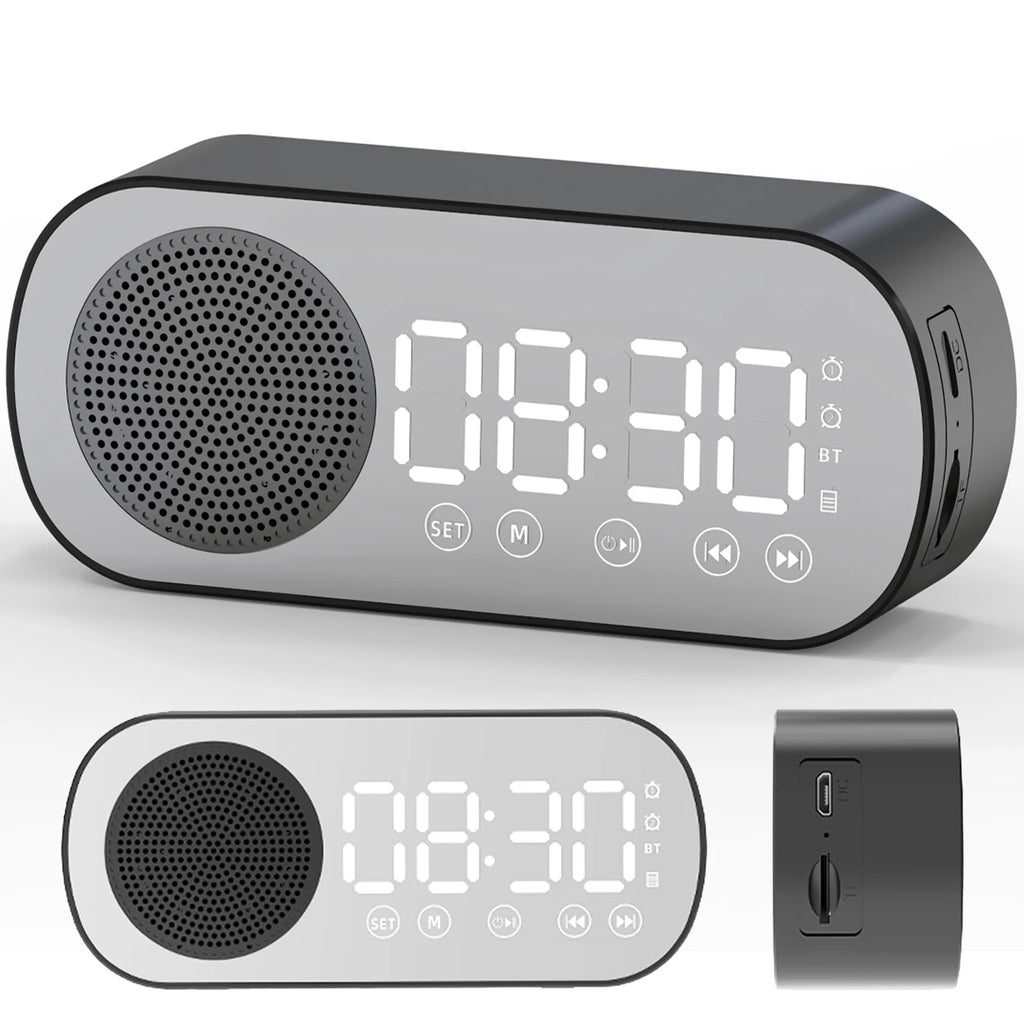 Digital Alarm Clock Bluetooth 5.0 Speaker LED Display Mirror Desk Alarm Clock with FM Radio Support TF Card Play for Home Office