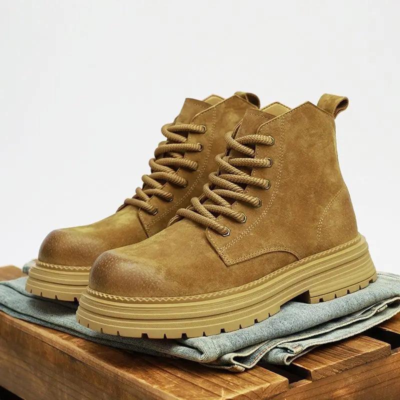 Outdoor Leather Mens Ankle Boots Fashion High Top Men's Casual Shoes British Style Male Work Boots Lace-up Walking Hiking Shoes