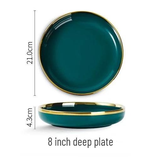 Gold Edging Green Porcelain Plates Food Dinner Set Dishes Salad Soup Bowl Ceramic Plates Bowls Luxurious Tableware Set