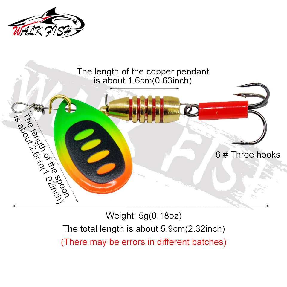 WALK FISH Spinner Lures 5.9cm 5g Rotating Spinners Spoon Hard Bait Pike Metal With Treble Hooks Fishing Lure Pesca Tackle