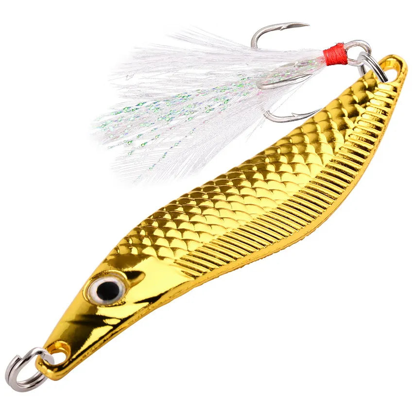 Metal VIB Leech Spinners Spoon Lures 7g 10g 15g 20g Artificial Bait With Feather Hook Night Fishing Tackle for Bass Pike Perch