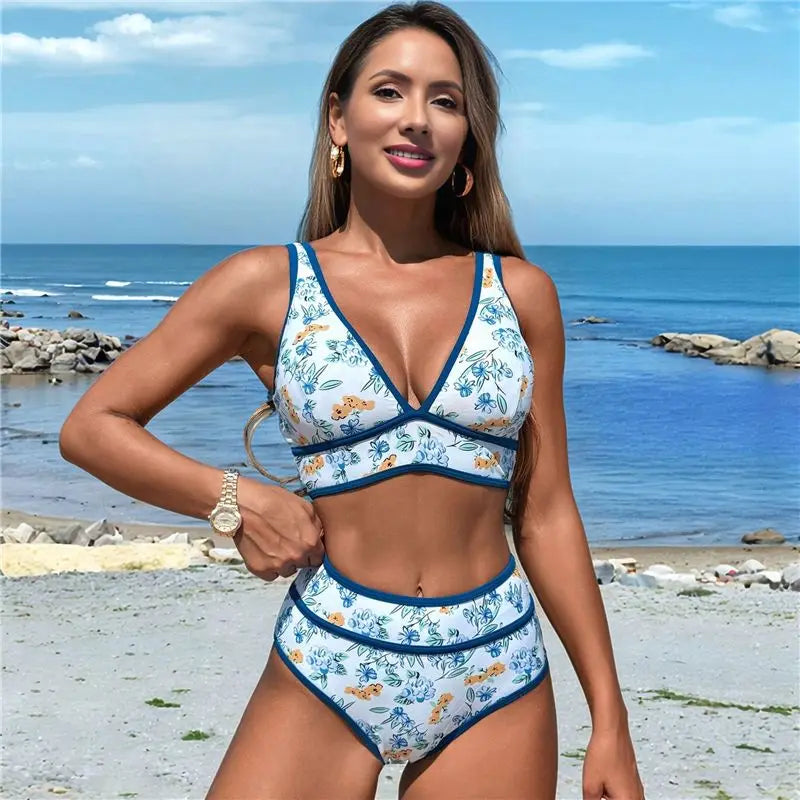 ABHT-Women's High Waisted Bikini Sets Sporty Two Piece Swimsuits Color Block Cheeky High Cut Bathing Suits
