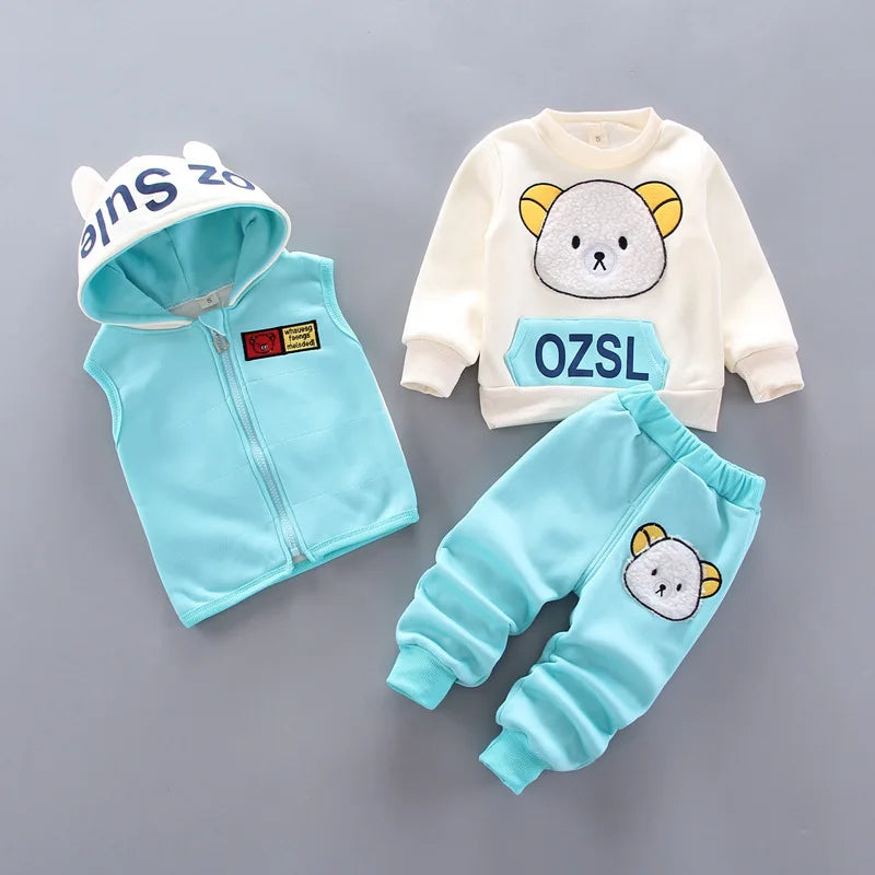 Boys Girls Cartoon Clothing Suits Baby Plus Velvet Jacket+Hooded Vest+ Pants 3Pcs Sets Kids Toddler Winter Sports Clothes 0-4Y