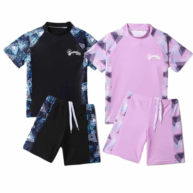 Boys Girls Swimsuit Sets Kids Short Sleeve T-Shirt Shorts Swimwear 2Pcs Children's Split Surfing Quick Drying Swimming Clothes