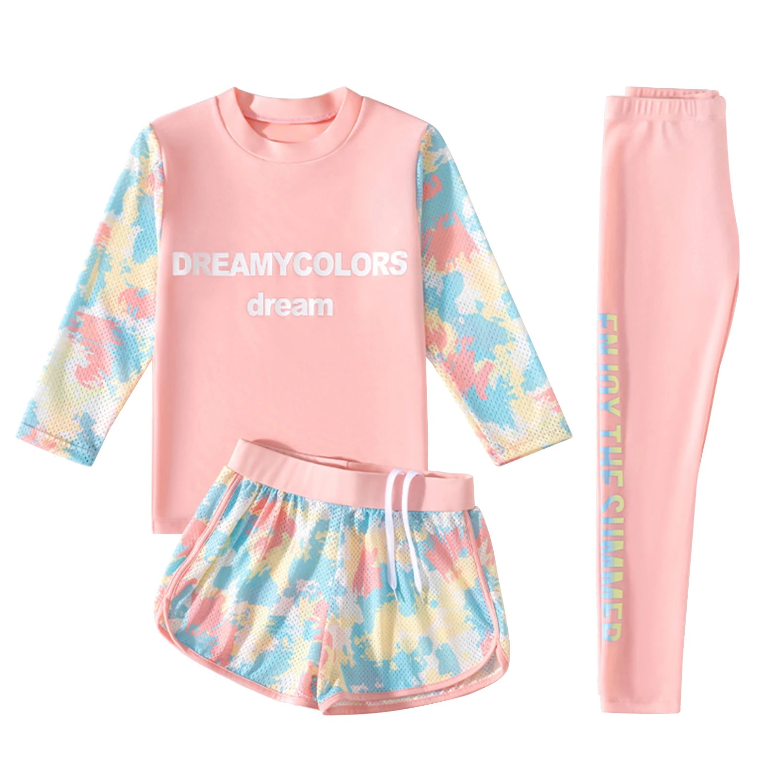 Kids Girls Print Swimsuit Long Sleeve Top with Shorts Pants Sun Protection Swimwear Rash Guard Beach Pool Bathing Suit Wetsuit
