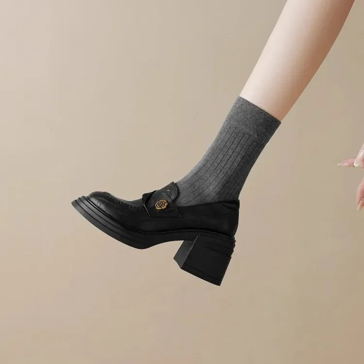 Women High Heel Shoes 2025 Retro Spring Autumn Performance Causal Women's Loafers Fashion Versatile Pumps Ladies Leather Shoes