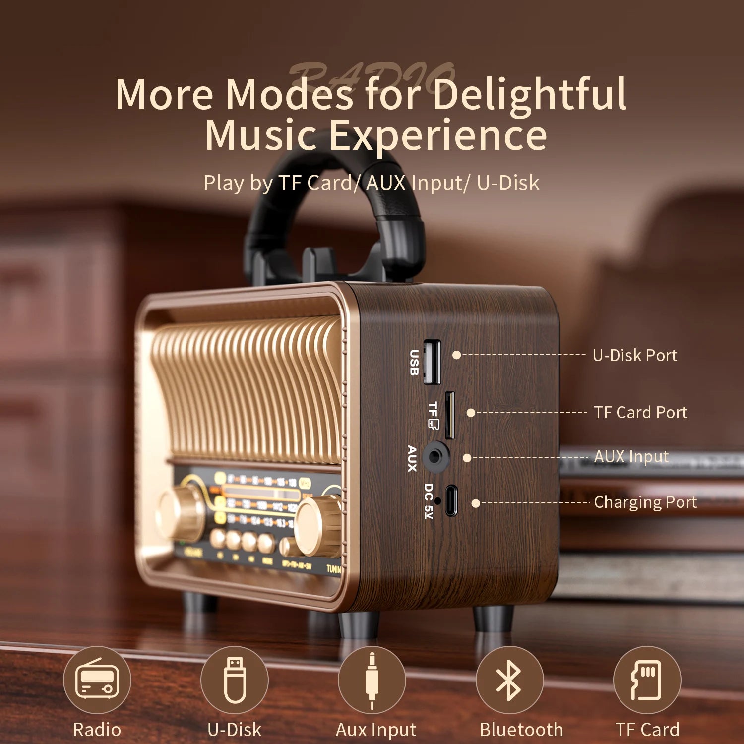 Retro Wireless Radio Portable AM/FM/SW with USB Rechargeable Battery With antenna, AUX and TF card playback, suitable for home