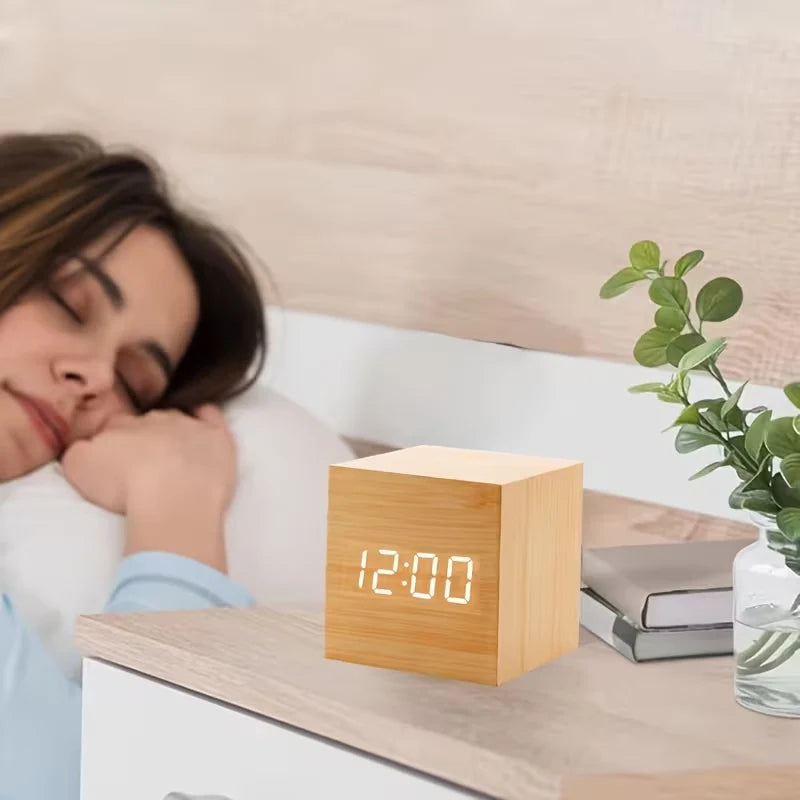 Alarm Clock LED Wooden Watch Table Voice Control Digital Wood Despertador USB/AAA Powered Electronic Desktop Clocks