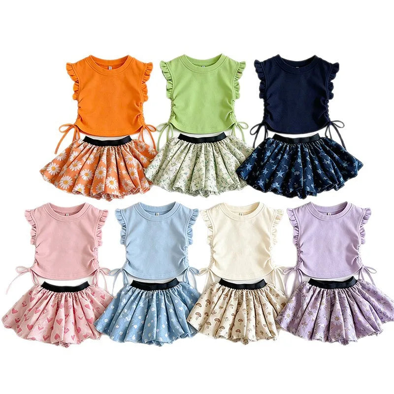 Kids Girls Summer Clothes Sets Fashionable Lace T-shirt + Floral Skirt Pants Children Clothing Baby 2pcs Sets Kids Clothes Girls