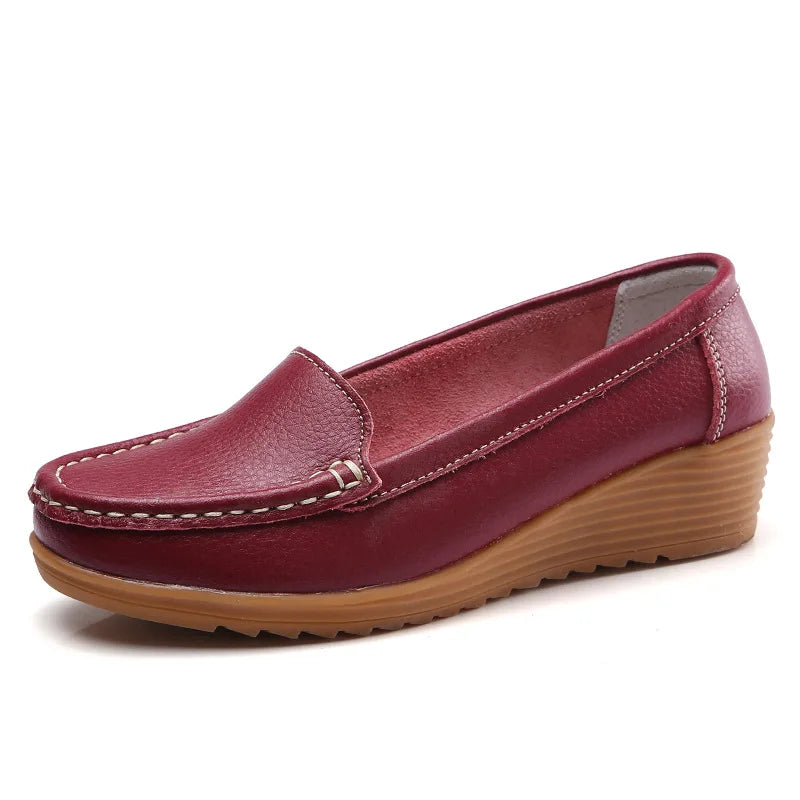 Women Shoes for Work Wedge Low Heels Casual Shoes Woman Slip-on Spring Autumn Genuine Leather Comfortable Female Shoes WSH2693