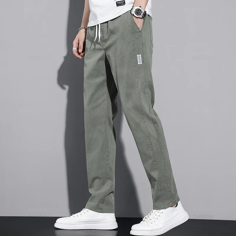 New Spring Autumn Cotton Men's Casual Pants Classic Drawstring Elastic Waist Stretch Blue Jogging Work Cargo Trousers Male