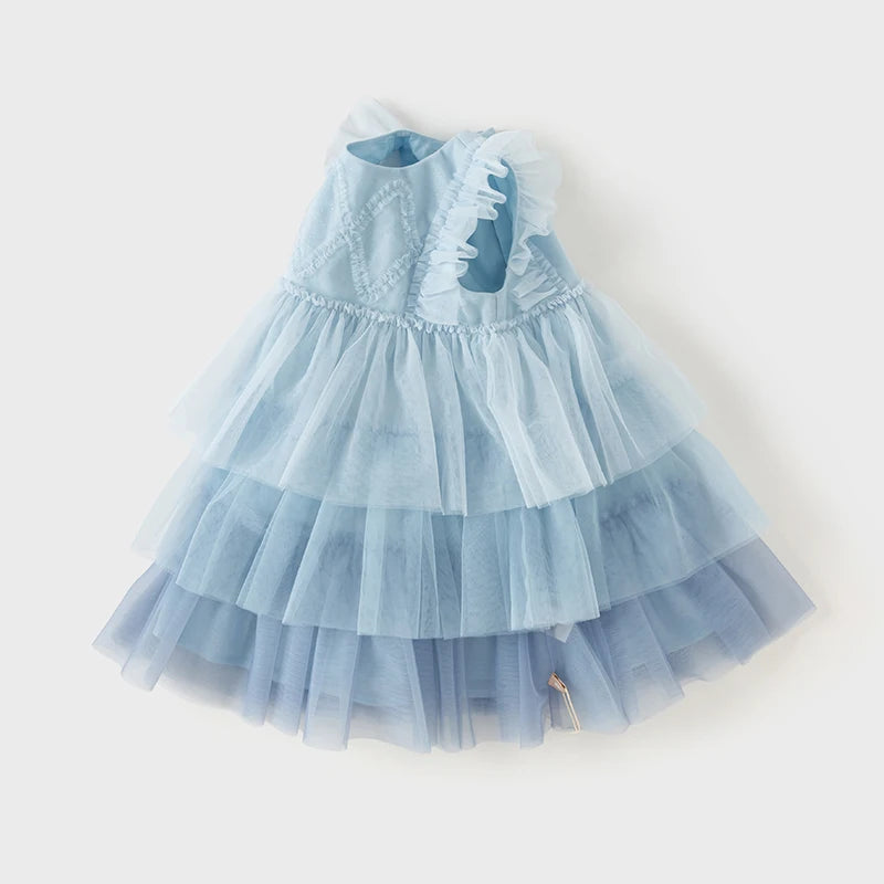 Dave Bella Girl's Princess Dress 2025 New Summer Children's Baby Sleeveless Blue Mesh Layered Dress Cute Sweet Party DB2240502