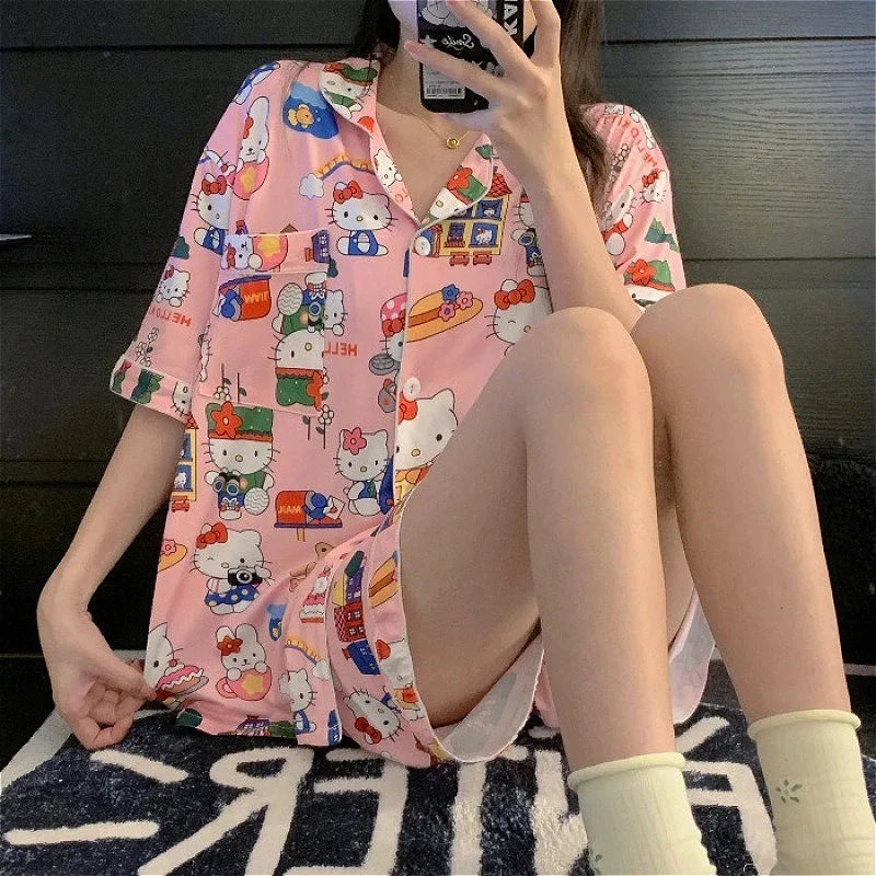 Hello Kitty Girls Cute Pajamas Sets Loose Nightgown Cartoon Soft Short Sleeve Tops Shorts Sweet Women's Clothes Sleepwear Summer