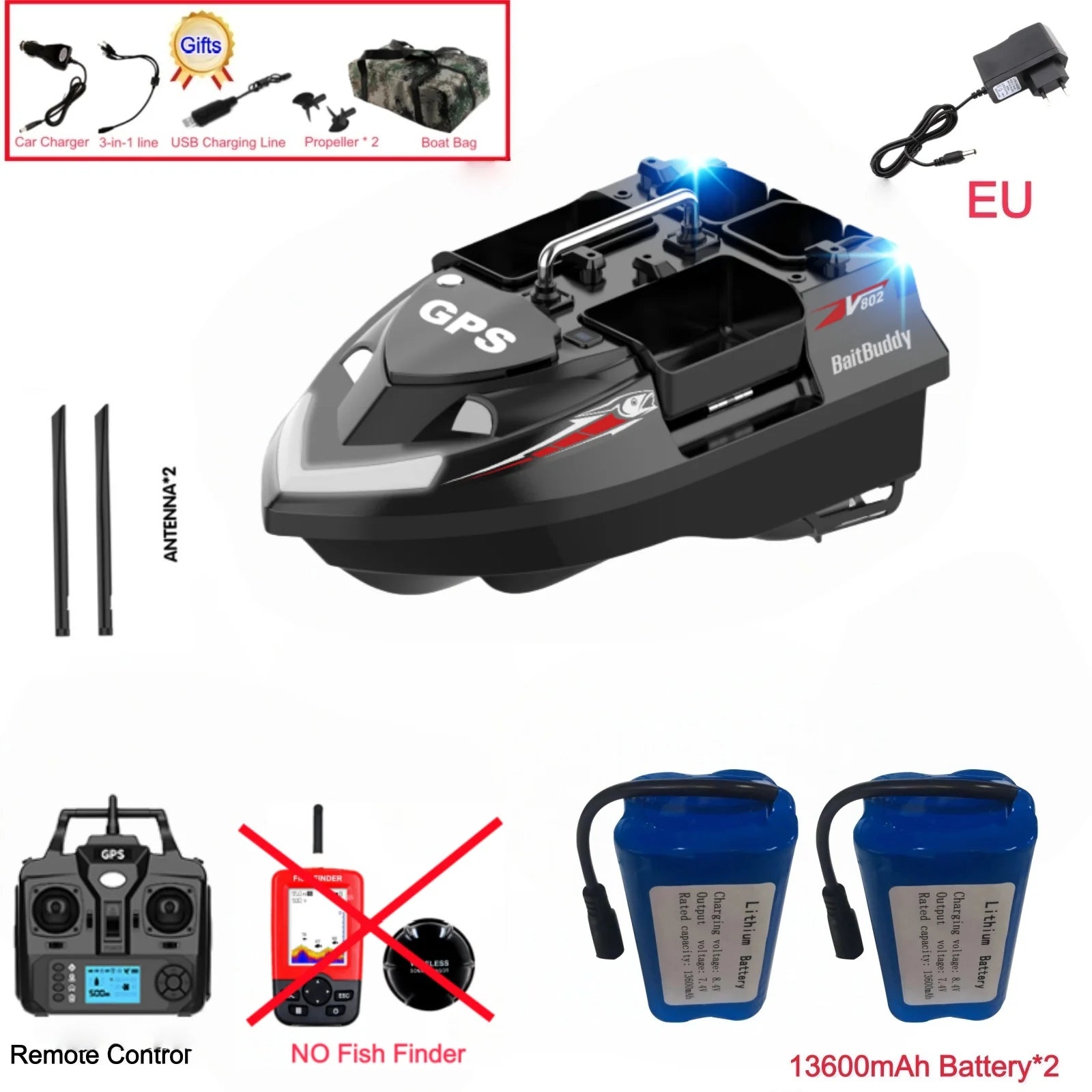 GPS Positioning 160 Positioning Points Fishing Boat Rc Bait Boat 4 Hoppers Waterproof 3KG Load 500M 15KM/H GPS One Click Return
