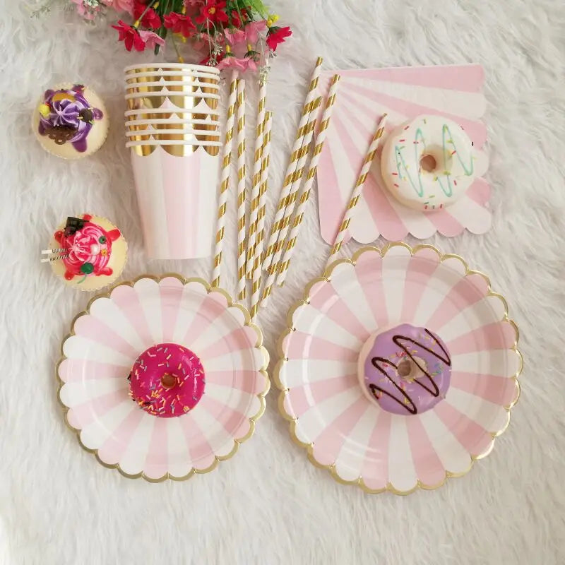 10 pcs Disposable  Paper Plates & Cups Set with Elegant Gold Rim Ideal Birthday Decorations and Cake Serving Party Decorations