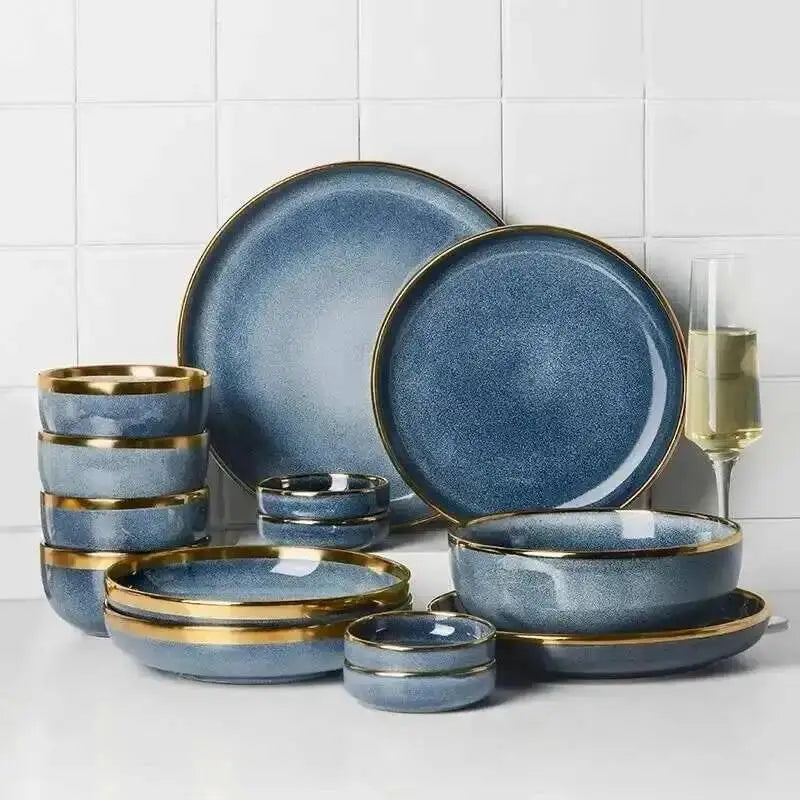1Pcs Ceramic Dishes Steak Dessert Dinner Plate Blue Gradient Salad Soup Bowl Plates Tableware