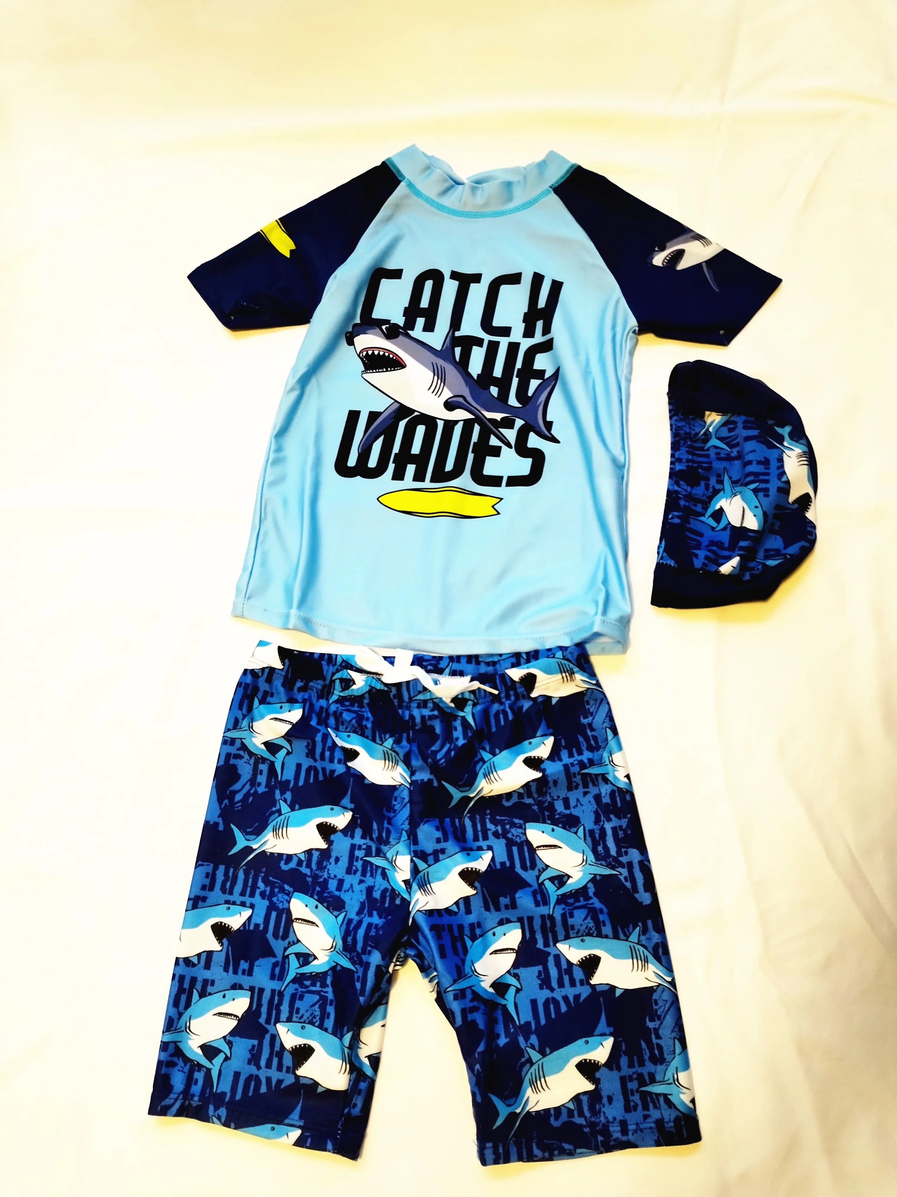 Kids Swimsuit Boys Two Pieces Shark Swimsuit Toddler Rash Guard and Trunk Set with Hat