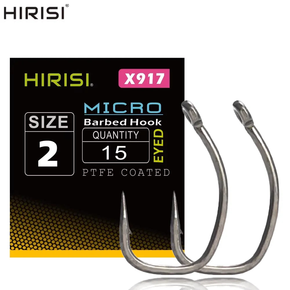 Hirisi 15pcs Carp Fishing Hooks With Eye Micro Barb High Carbon Steel Fish Hooks PTFE Coated X917 Fishing Accessories