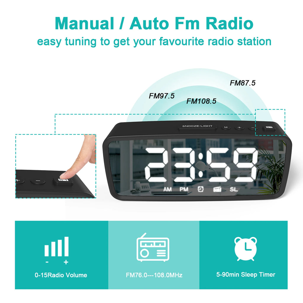 【New】5.1'' Digital Alarm Clock Radio, Mirror Alarm Clock, 3 Levels Dimmer FM Radio with Sleep Timer for Bedroom Bedside Desk