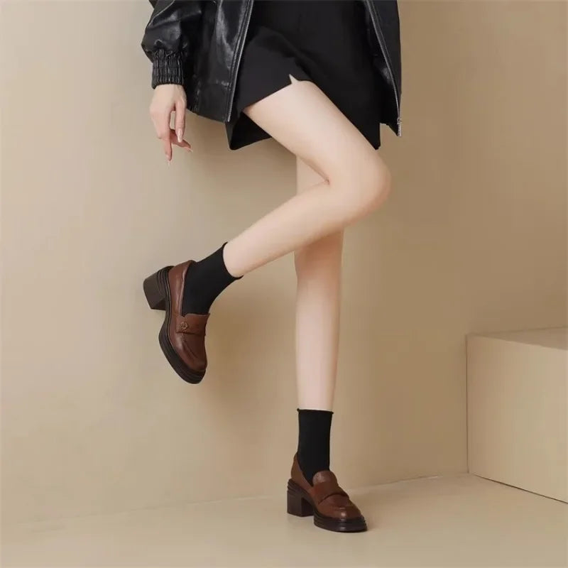 Women High Heel Shoes 2025 Retro Spring Autumn Performance Causal Women's Loafers Fashion Versatile Pumps Ladies Leather Shoes