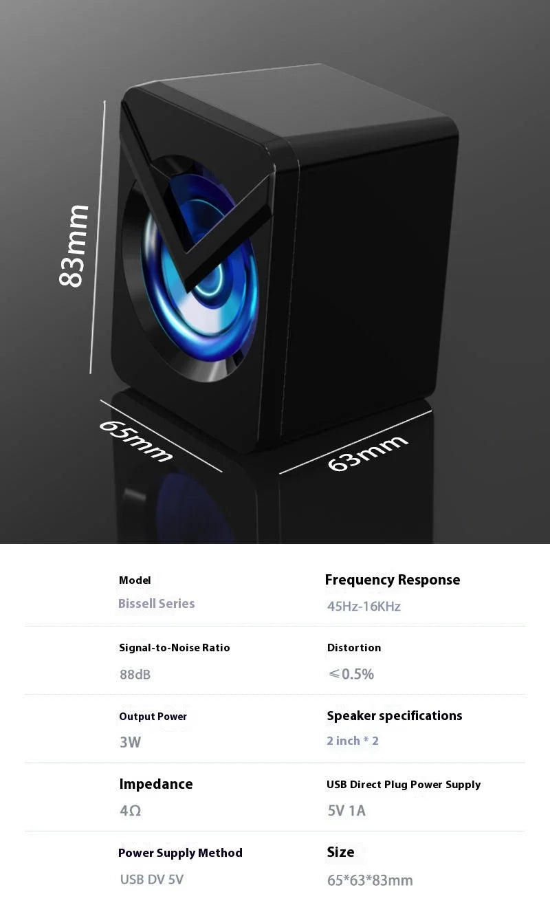 Computer Speaker Stereo Sound Small Audio Stereo Subwoofer Wired Speaker with RGB Light Home Office Speaker Desktop Loudspeaks