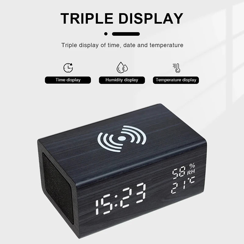 New Wooden Digital Alarm Clock Bluetooth Speaker with Wireless Charging Led Temperature Humidity Display Sound Control Function