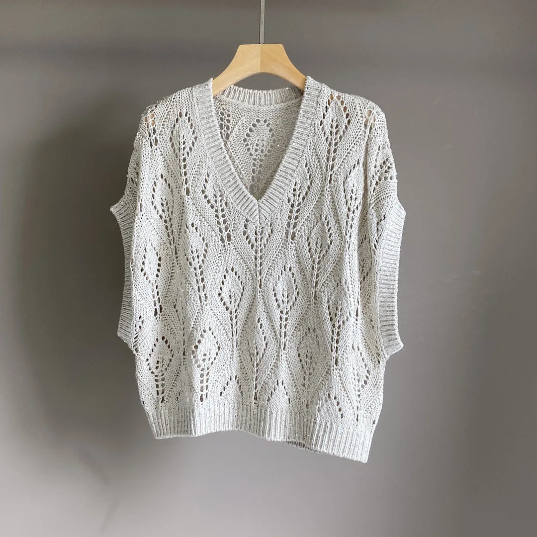 25 Spring And Summer New Women'S Hollow Diamond Grid Sequin Embroidery Knitted Sweater Bat Sleeve Thin V-Neck Top