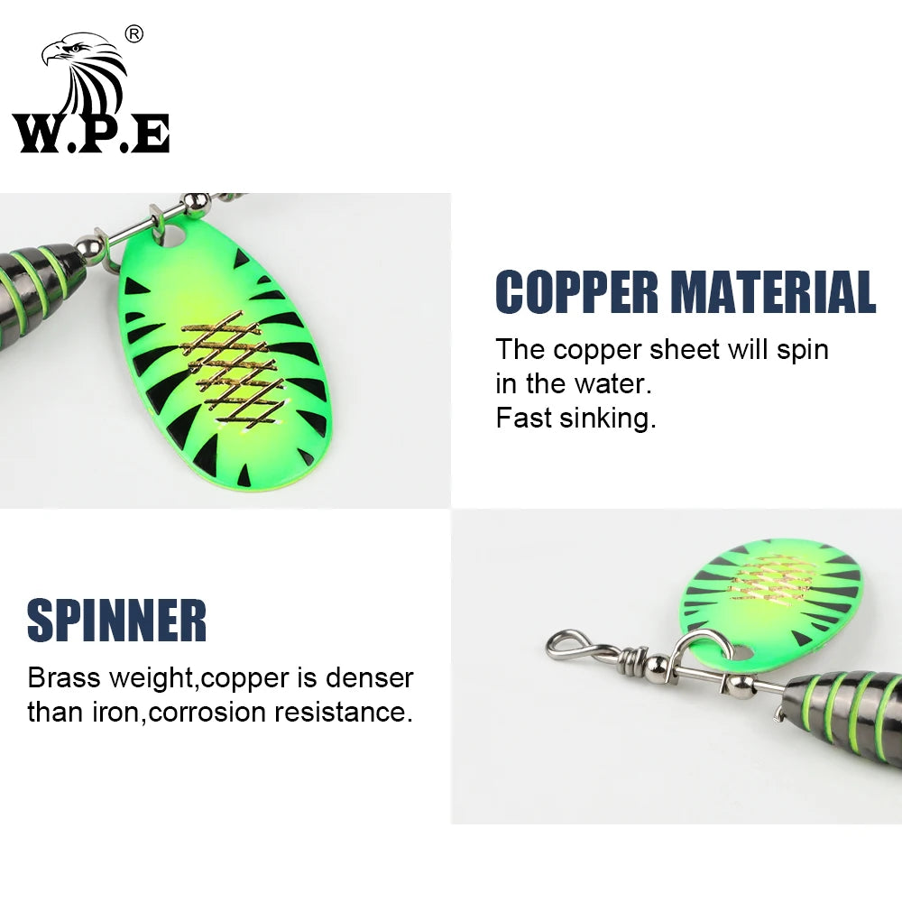 W.P.E 1pcs Spinner Lure 3.7g/5.3g/8.2g/10.5g Bait Metal Brass Spoon Hard Lure Feather Treble Hook Fake Lure Fishing Tackle Pesca