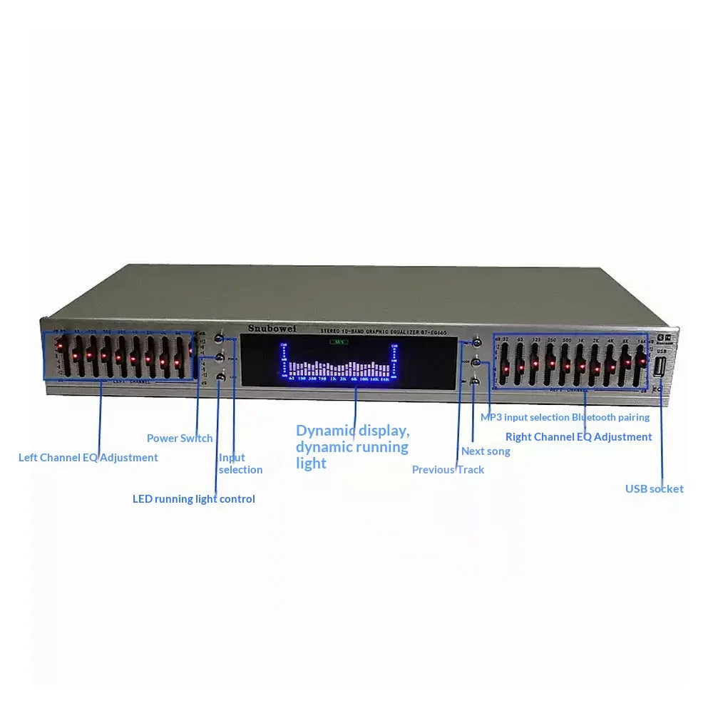 Stereo Equalizer for Home Audio System, Dual Channel 10-Band Graphic Equalizer Professional Rack Mount EQ Tuner, Noise Reduction
